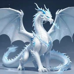 still photo of a large, white ice dragon with blue accents. it has a long neck, and its body is covered in scales. its wings are enormous, and it has a long spiky tail. it has a regal, regal appearance, breathing frost, trending on pixiv, by kawacy, digital art, cool lighting