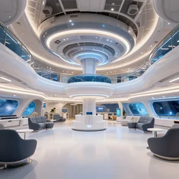 the main lobby on a large cruise spaceship, from a space themed point and click 2 d graphic adventure game, art inspired by thomas kinkade and cgi cartoons