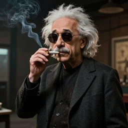 hipster albert einstein smoking a joint, gta artstyle, wide shot, dramatic lighting, octane render, hyperrealistic, high quality, HD, cinematic