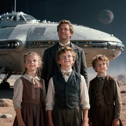 sharp, highly detailed, film from a sci fi 1 6 k color movie, set in 1 8 6 0, family standing outside a spaceship on a strange alien planet, looking happy, wearing 1 8 5 0 s era clothes, atmospheric lighting, in focus, reflective eyes, 3 5 mm macro lens, live action, nice composition, good photography