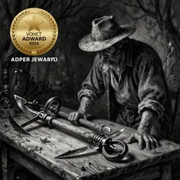 intricate encyclopedia drawings of farmer reap hooks and scythes lying on a table, dark, black and white, detailed, dark, eerie, despair, artstation, adward winning