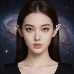 a beautiful portrait, galaxies in the background, beautiful girl. black top, professionally retouched, soft lighting, realistic, smooth face, beautiful alien eyes, elf ears, wide angle, sharp focus on the eyes, 8 k high definition, insanely detailed, intricate, elegant, beautiful, art by artgerm and wlop