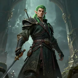 a half elf monk with green hair, wideshot ultrawide angle epic scale, hybrid from the elden ring and art direction by darius zawadzki ; by artgerm ; wayne reynolds art station ; cinematic quality character render ; low angle ; ultra high quality model ; production quality cinema model