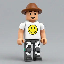 a preppy roblox avatar wearing a smiley face t shirt and cow print pants