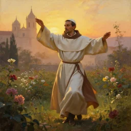 oil painting portrait of a tonsured dominican monk in a white and brown habit, striding dancing through a flourishing garden at sunset with a monastery in the background, hazy, digital art, chiaroscuro, artstation, cinematic, golden hour, digital art painting by greg rutkowski, william - adolphe bouguereau, hazy atmosphere, flowers, cinematic lighting
