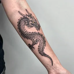 Tattoo of a dragon starting from the elbow, wrapping around the wrist in a downward spiral, emerald placed inside of the dragons mouth, forearm tattoo