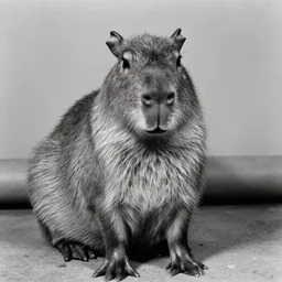 criminal mugshot of an capybara, black and white, 1970s photo
