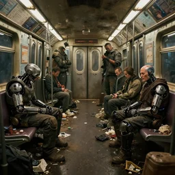 wallpaper of homeless cyborgs in dirty subway car, garbage on ground, from scifi movie by digital domain and weta digital, in style of thomas eakins, textures, ambient occlusion, volumetric lighting, vray quality, unreal engine shading, raytracing