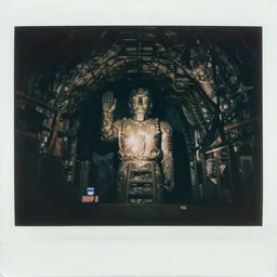 a massive statue inside of a huge mine, dark, old polaroid, expired film, surreal, megalophobia,