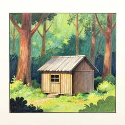 a hut in a forest, graphic novel, colored pencil, ink, colorful