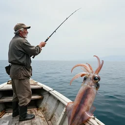 an old fisherman fishing in a boat, big squid point of view, big squid attacking fisherman, fisherman with spear attacking