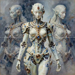 the most beautiful perfect symmetric breathtaking artwork ever made. intricate porcelain android. holy goth neo steampunk cyberpunk photorealistic foreshortening depth of field 4 k 8 k unreal engine octane render oil painting watercolor photoshop trending on artstation android by novak