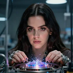 lana del rey machine elves working in a cosmic 3 d printing laboratory, detailed face, cinema still