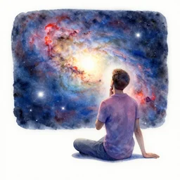 man thinking about the universe, nebula in form of a man sitting, aquarelle, colorful