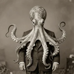 anthropomorphic octopus wearing a suit, vintage photograph, sepia