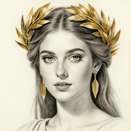 beautiful aphrodite greek goddess wearing a golden laurel wreath and arrowhead earrings, hyper - realistic pencil drawing, beautiful piercing eyes with sharp pupils, beautiful blonde hair, in the style of greg rutkowski, fantasy, amazing detail, epic, elegant, smooth, sharp focus