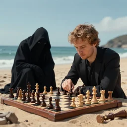 Magnus Carlsen plays chess against the Grim Reaper on a beach, The Seventh Seal, digital art, artstation