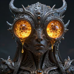 enslaved cosmic deity with eyes made of interstellar stargates with molten honeycomb structure, intricate detail, royo, whealan, giger, hd, 8 k, octane render, unreal engine,
