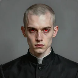 portrait painting of a badass young pale clean shaven man with red eyes wearing a black cassock, ultra realistic, concept art, intricate details, eerie, highly detailed, photorealistic, octane render, 8 k, unreal engine. art by artgerm and greg rutkowski