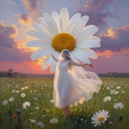 giant white daisy flower as head, veiled girl dancing in a flower field, surreal photography, sunrise, dramatic light, impressionist painting, colorful clouds, digital painting, artstation, simon stalenhag