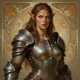 Epic portrait an female orc with sleeve armor plates and protective lether shirt, muscular, pretty, glossy skin, glowing eyes, brown hair, digital painting, artstation, concept art, soft light, hdri, smooth, sharp focus, illustration, fantasy, intricate, elegant, highly detailed, D&D, matte painting, in the style of Greg Rutkowski and Alphonse Mucha and artemisia, 8k, highly detailed, jurgens, rutkowski, bouguereau, pastoral, rustic, georgic