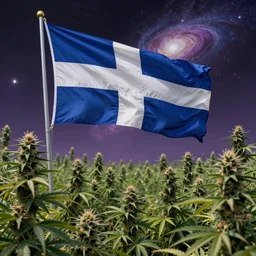 a majestic quebec flag floating in the cannabis garden at the end of the universe, trippy, mind - bending, by zdzisław beksinski or conrad roset, tom whalen, mark ryden, chip zdarsky, art station