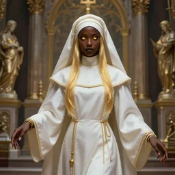 Full portrait of a young Nun Lady, pearl white robes with golden details, alluring, detailed face, dark brown skin, supernatural golden eyes, golden straight hair, bracelets, floating, spellcasting, statues and an altar filling the background, SINGLE CHARACTER!, highly detailed, high fantasy, dnd, d&d, dungeons and dragons, smooth, sharp focus, no extra characters, realistic, digital illustration, by Krenz Cushart and Artem Demura and alphonse mucha, artstation, HD, 4K, midjourney