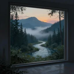 mirror room, beautiful evening landscape, mystery forest, mist, mountains, river, artstation, procreate, digital art, realistic style, digital painting