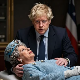 Boris Johnson with Queen of Englands body, realistic artstyle, wide shot, dramatic lighting, octane render, hyperrealistic, high quality, highly detailed, HD, beautiful, cinematic, 8k, unreal engine, facial accuracy, symmetrical