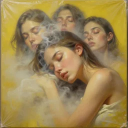 3 d, close - up, ice milk, smoking sleepy fashion model, light fog, plastic, poster art, high detail, intricate oil painting, multiple exposure, deep yellow mood, hyperrealism, 3 d, by tooth wu and wlop and beeple and greg rutkowski