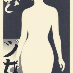 abstract vintage poster with the female form, grainy, with japanese characters