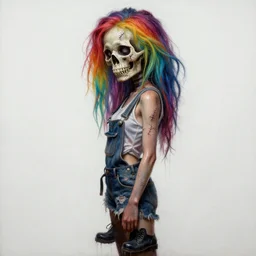 mixed media painting of a grungy skull woman with rainbow hair, stitched together, soft eyes and narrow chin, dainty figure, torn overalls, short shorts, combat boots, basic white background, side boob, wet tshirt, wet, raining, dim volumetric lighting, 8 k octane beautifully detailed render, post - processing, portrait, extremely hyper - detailed, intricate, epic composition, cinematic lighting, masterpiece, trending on artstation, very very detailed, masterpiece, stunning,