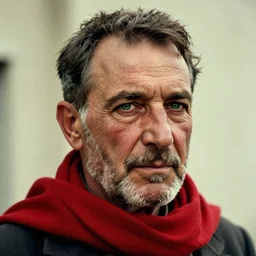 portrait of president franklin delano roosevelt as afghan man, green eyes and red scarf looking intently, photograph by steve mccurry