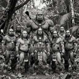 hyper realistic group vintage photograph of an orc warrior tribe in the jungle, tall, hulk like physique, detailed faces, tribal paint, tribal armor, grain, old, monochrome, wide angle