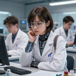 karol bak and tom bagshaw and ayami kojima full body character portrait of a beautiful nerdy scientist wearing glasses, at a work desk thinking intensely, wearing combination of lab - coat and mecha suit, laboratory in the background, artstation scifi detailed character concept, realistic, unreal engine, 4 k digital camera, sharp focus, movie still
