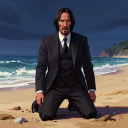 highly detailed full body portrait of suffering john wick kneeling on a beach looking with horror into the dark abys, concept art by jama jurabaev cel shaded cinematic ultra wide shot trending on artstation high quality brush stroke hyperspace vibrant