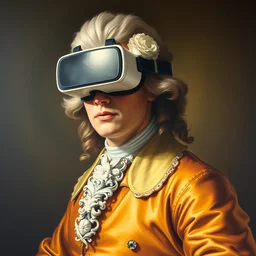 a realistic painting of mozart with a vr headset