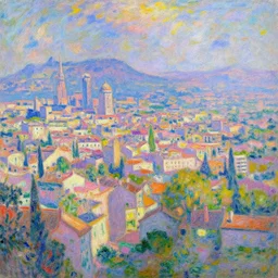 a psychedelic city in the style of claude monet, digital art.