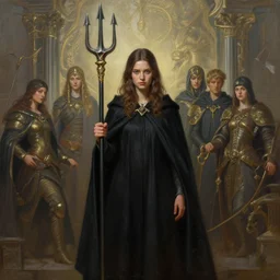 perfectly - centered - portrait of a girl wearing black cloak holding trident, intricate, epic scale, rule of third, highly detailed, digital painting, artstation, concept art, sharp focus, illustration, oil painting, unreal engine 5, 8 k, art by artgerm and james jean and sam spratt and greg rutkowski