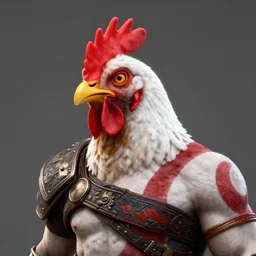 photo of Kratos with a chicken head!!, volumetric lighting, high detail, 8k