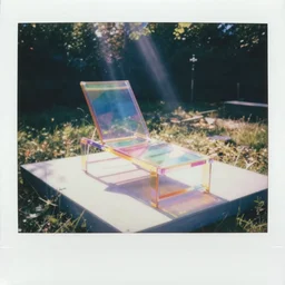 a pastel coloured polaroid photo of a sun lounger on a platform, both made of transparent iridescent perspex stood centrally in a field, beams of light, nostalgic