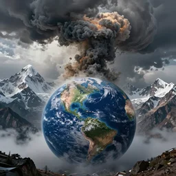 catastrophic illustration of the end of planet earth due to air pollution even high up in the Himalayan mountains, extremely detailed, pure art