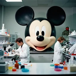 hyperrealistic photo of scientists in laboratory, single giant mickey mouse face, netflix logo, military base, colored gels, studio photography, 3 5 mm film look