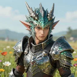 a distant character portrait of an au ra with dragon scale skin standing in a field of flowers wearing warframe armor, in the style of final fantasy xiv, octane render, digital painting, a realistically proportioned face, photorealistic eyes, good value control, smooth, realistic shading, realistic face details, illustration, substance painter, very highly detailed