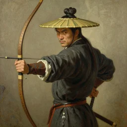 full character of a ancient chinese archer wearing bamboo hat, character design, painting by gaston bussiere, katsuya terada, nc wyeth, greg rutkowski, craig mullins, vermeer, frank frazetta, mucha, tom of finland, trending on artstation, jeffery catherine jones