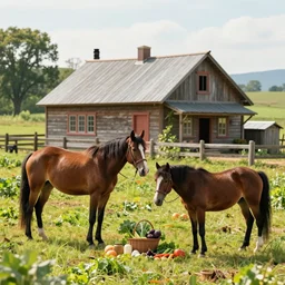 classic gorgeous farm, vegetables, one horse, cute farmhouse, cinematic, slightly vibrant palette, by lulu chen and lynn chen