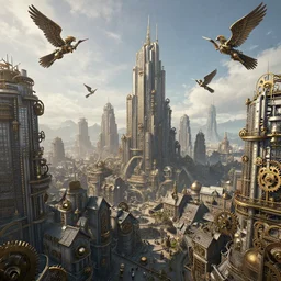 Panoramic picture of a steampunk city, full of skyscrappers, houses, gears, and mechanical angels in the sky, steampunk fantasy