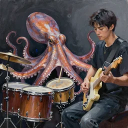 a beautiful painting by victo ngai of an octopus playing drums and telecaster guitar in an electronic concert, dark background, concert light, dark mood, warm lights