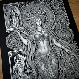 detailed mighty dmt goddess, by hokusai and james gurney + black paper with intricate and vibrant dmt line work + tarot card + mandelbulb fractal + full of silver layers + portrait + trending on artstation + incredible dmt and black gothic illustration + exquisite detail