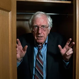 grainy photo of bernie sanders as a creepy monster in a closet, harsh flash
